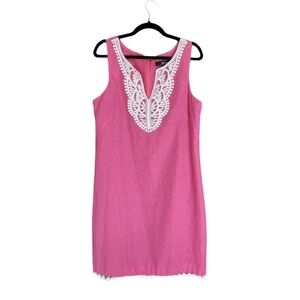 Kensie Linen Blend Bright Pink Lace Trim Shift Dress Size 10